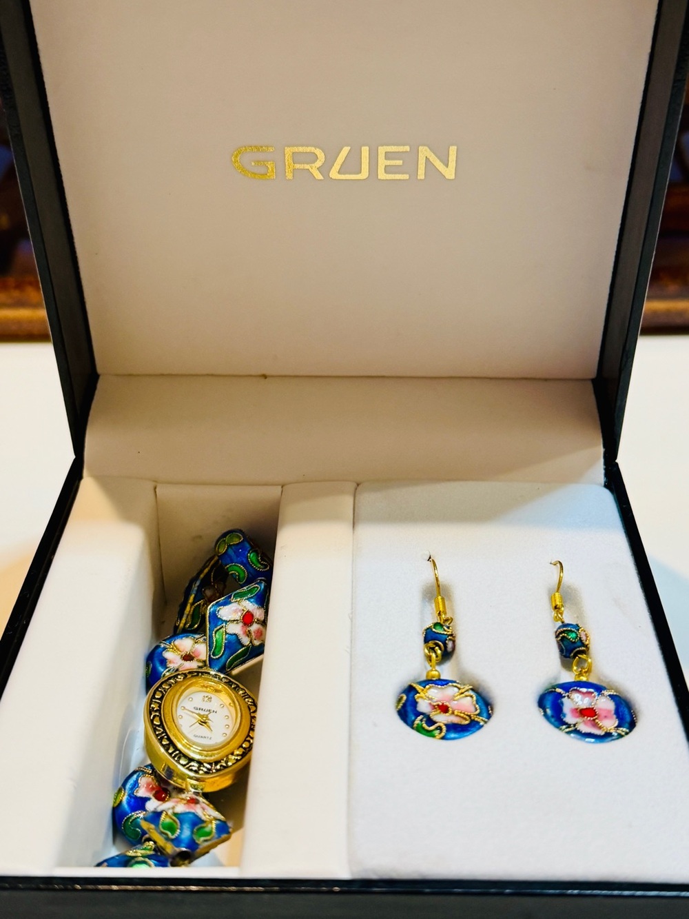 Vintage Gruen Cloisonné Watch & Earrings Set